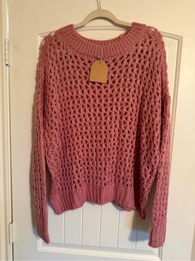 Kori Open-Weave Crewneck Sweater in Dusty Rose